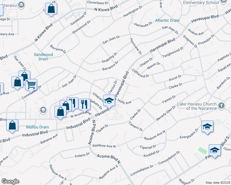 map of restaurants, bars, coffee shops, grocery stores, and more near 2304 Holly Dr in Lake Havasu City