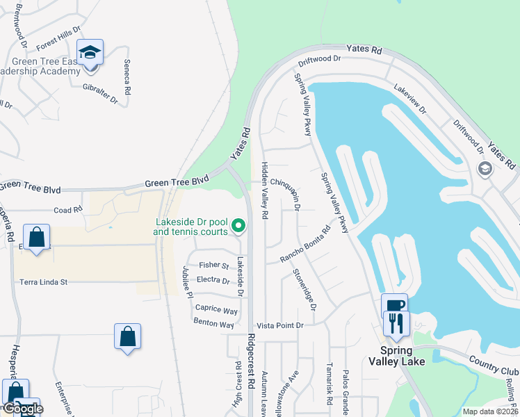 map of restaurants, bars, coffee shops, grocery stores, and more near 13650 Hidden Valley Road in Victorville