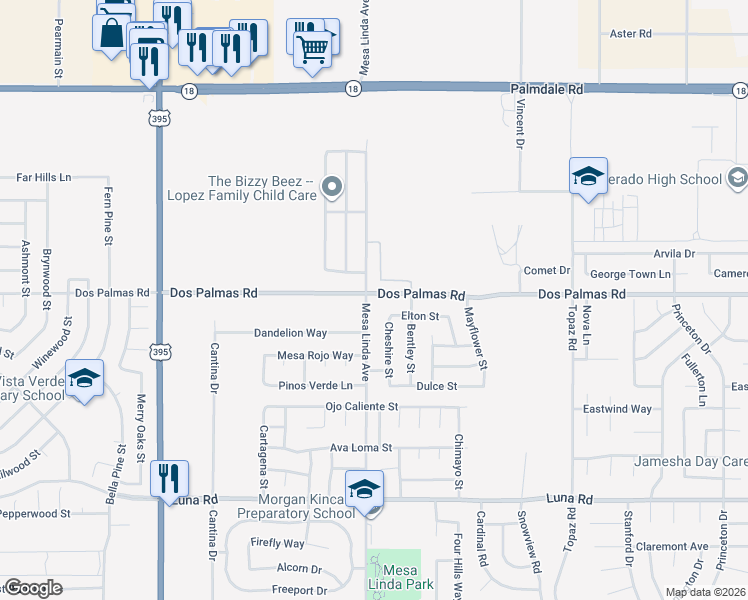 map of restaurants, bars, coffee shops, grocery stores, and more near 13695 Mesa Linda Avenue in Victorville
