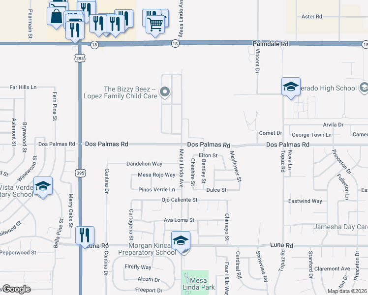map of restaurants, bars, coffee shops, grocery stores, and more near 13695 Mesa Linda Ave in Victorville