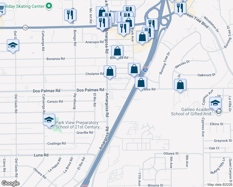 map of restaurants, bars, coffee shops, grocery stores, and more near 15363 Dos Palmas Road in Victorville