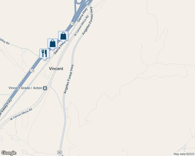 map of restaurants, bars, coffee shops, grocery stores, and more near Angeles Forest Highway in Acton