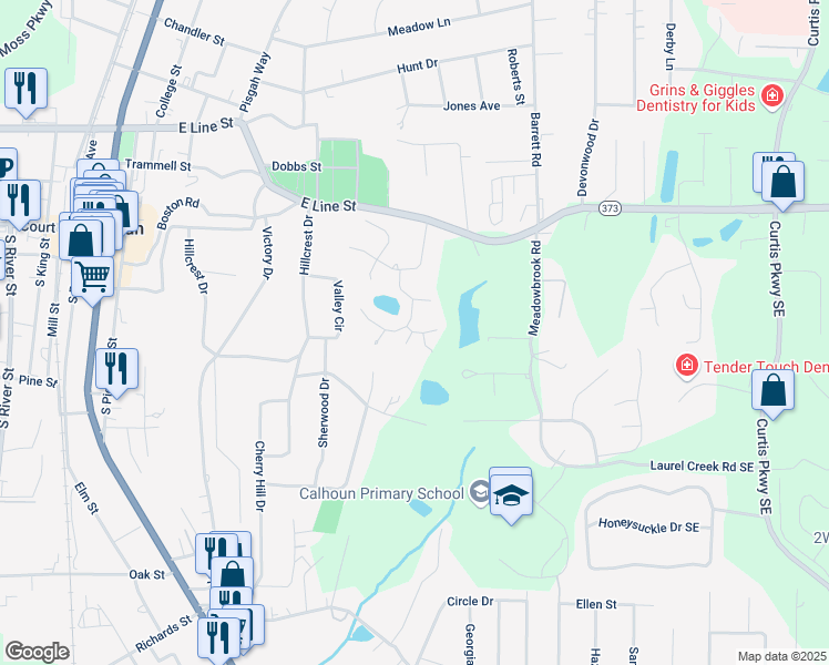 map of restaurants, bars, coffee shops, grocery stores, and more near 105 Bobwhite Drive in Calhoun