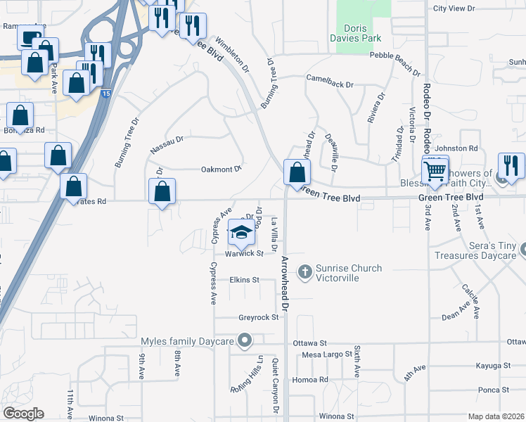 map of restaurants, bars, coffee shops, grocery stores, and more near 13671 Westwood Drive in Victorville