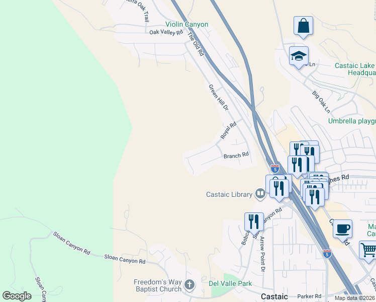 map of restaurants, bars, coffee shops, grocery stores, and more near 28405 Royal Road in Castaic
