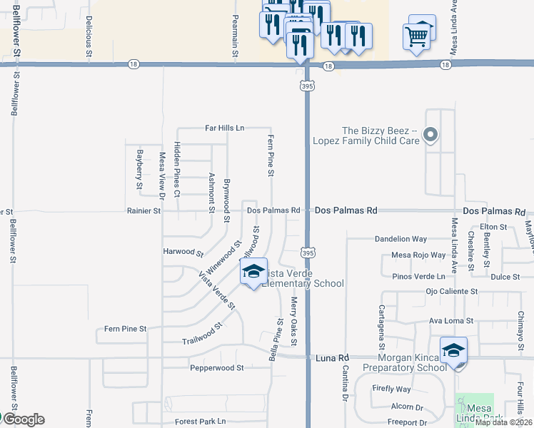 map of restaurants, bars, coffee shops, grocery stores, and more near 13720 Fern Pine Street in Victorville