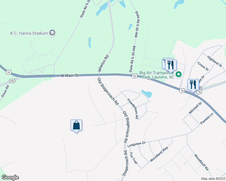map of restaurants, bars, coffee shops, grocery stores, and more near 103 Stagecoach Road in Laurens
