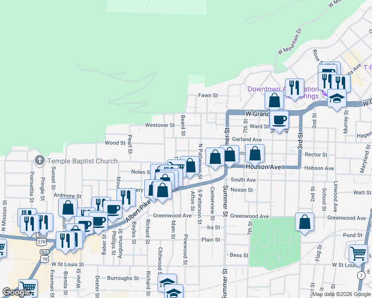 map of restaurants, bars, coffee shops, grocery stores, and more near 422 Beard Street in Hot Springs