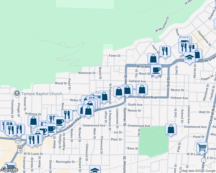 map of restaurants, bars, coffee shops, grocery stores, and more near 422 Beard Street in Hot Springs
