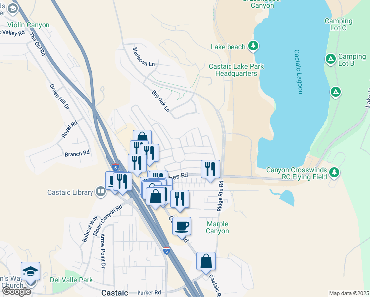map of restaurants, bars, coffee shops, grocery stores, and more near 27568 Ruby Lane in Castaic
