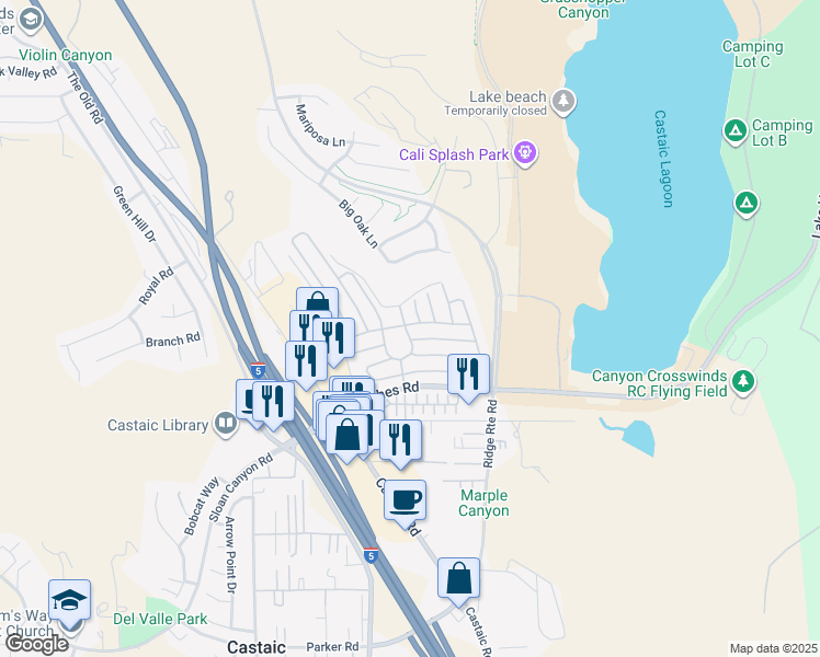 map of restaurants, bars, coffee shops, grocery stores, and more near 27568 Ruby Lane in Castaic