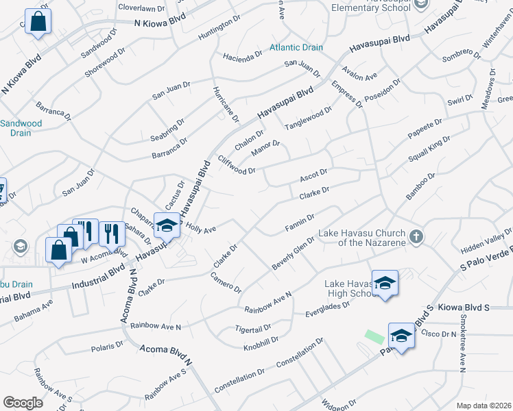 map of restaurants, bars, coffee shops, grocery stores, and more near 2528 Ascot Ct in Lake Havasu City