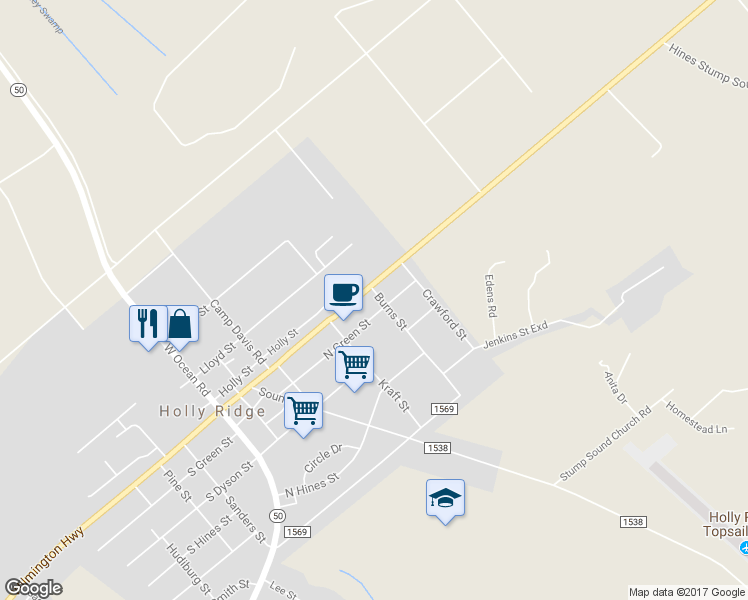 map of restaurants, bars, coffee shops, grocery stores, and more near 422 U.S. 17 in Holly Ridge