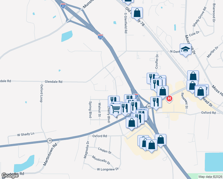 map of restaurants, bars, coffee shops, grocery stores, and more near 899 Nathan B Forest Drive in New Albany