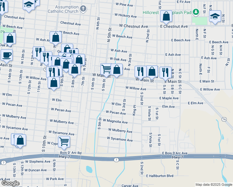 map of restaurants, bars, coffee shops, grocery stores, and more near 25 South 4th Street in Duncan