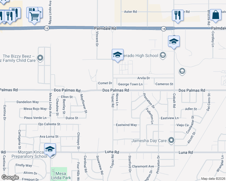 map of restaurants, bars, coffee shops, grocery stores, and more near Dos Palmas Road & Topaz Road in Victorville