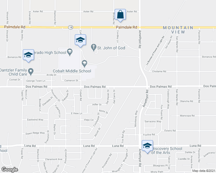 map of restaurants, bars, coffee shops, grocery stores, and more near Dos Palmas Road in Victorville