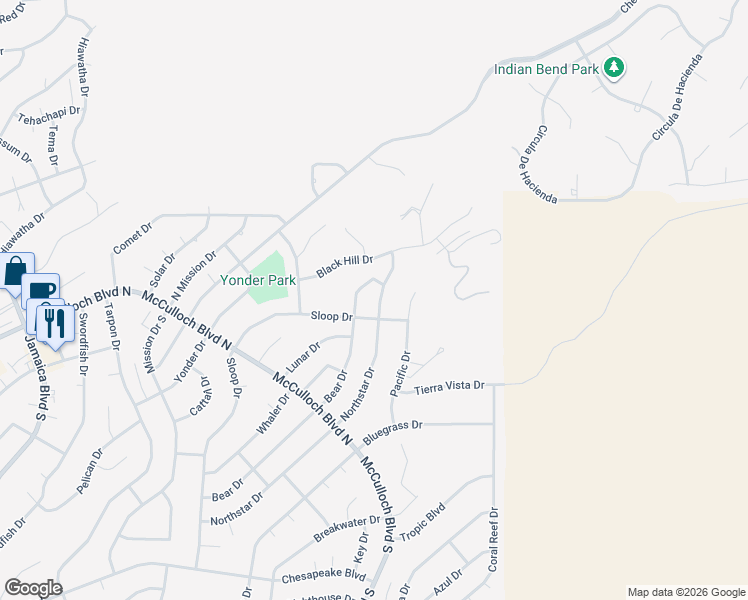 map of restaurants, bars, coffee shops, grocery stores, and more near 4025 Bear Drive in Lake Havasu City