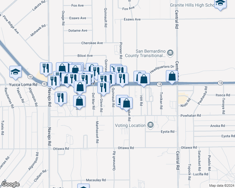 map of restaurants, bars, coffee shops, grocery stores, and more near 22099 California 18 in Apple Valley