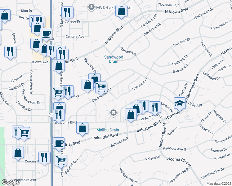 map of restaurants, bars, coffee shops, grocery stores, and more near 2040 Commander Drive in Lake Havasu City