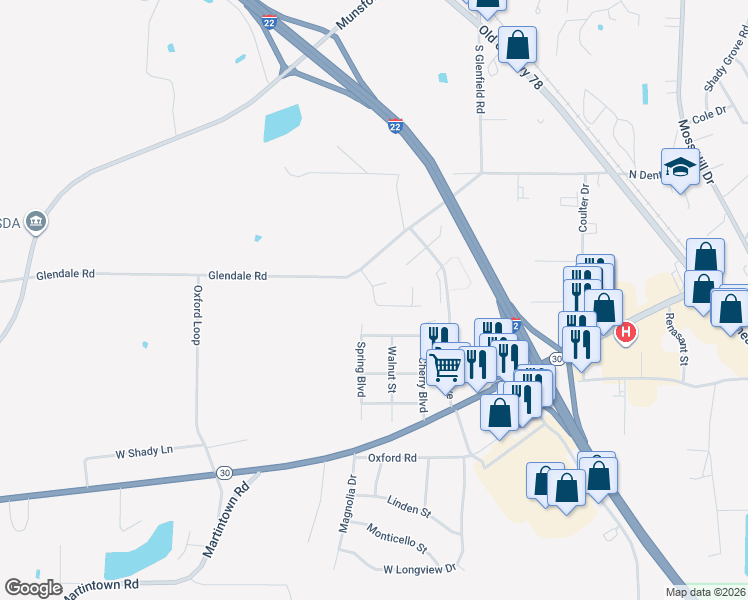 map of restaurants, bars, coffee shops, grocery stores, and more near 604 McArthur Lane in New Albany