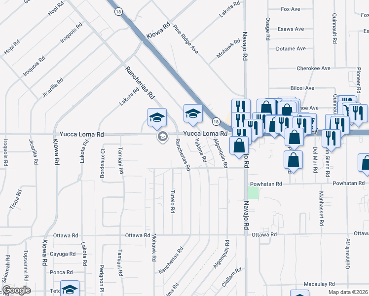 map of restaurants, bars, coffee shops, grocery stores, and more near 13652 Yakima Road in Apple Valley