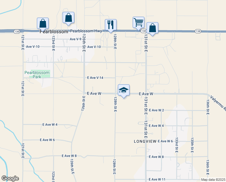 map of restaurants, bars, coffee shops, grocery stores, and more near 33819 128th Street East in Pearblossom