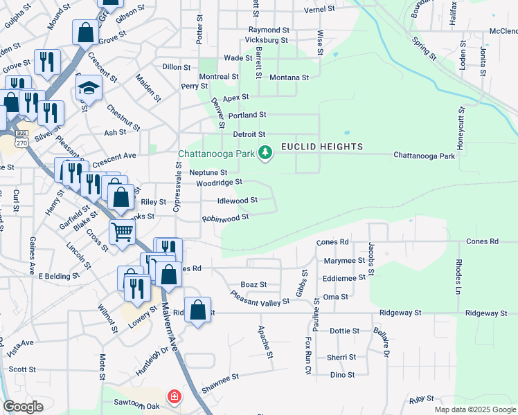map of restaurants, bars, coffee shops, grocery stores, and more near 315 Idlewood Street in Hot Springs