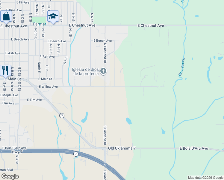 map of restaurants, bars, coffee shops, grocery stores, and more near 250 South Eastland Drive in Duncan