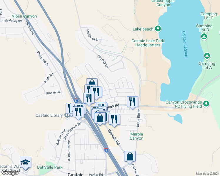 map of restaurants, bars, coffee shops, grocery stores, and more near 27594 Ruby Lane in Castaic