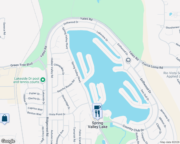 map of restaurants, bars, coffee shops, grocery stores, and more near 18032 Mariner Drive in Victorville