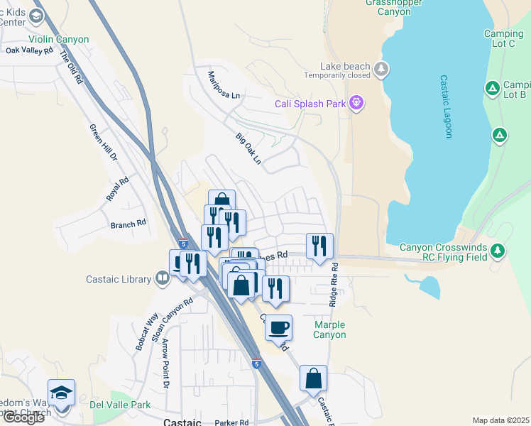 map of restaurants, bars, coffee shops, grocery stores, and more near 27594 Ruby Lane in Castaic
