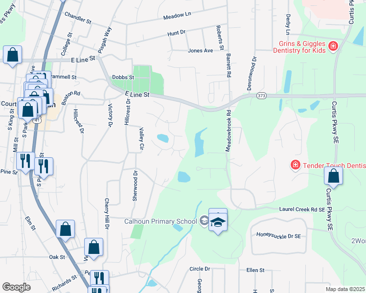 map of restaurants, bars, coffee shops, grocery stores, and more near 104 Bobwhite Drive in Calhoun