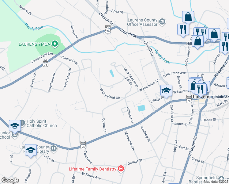 map of restaurants, bars, coffee shops, grocery stores, and more near 1 Ball Drive in Laurens