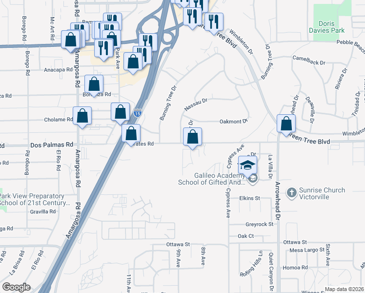 map of restaurants, bars, coffee shops, grocery stores, and more near 15616 Calico Drive in Victorville