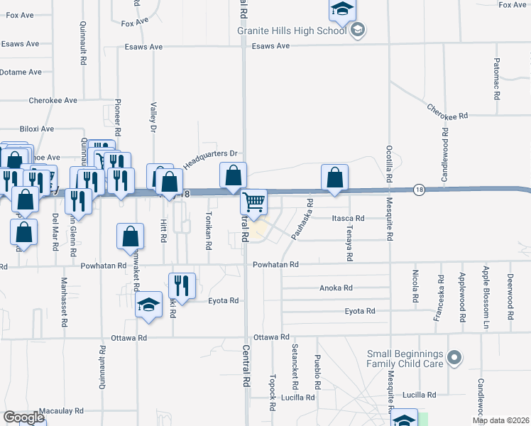 map of restaurants, bars, coffee shops, grocery stores, and more near 22589 California 18 in Apple Valley