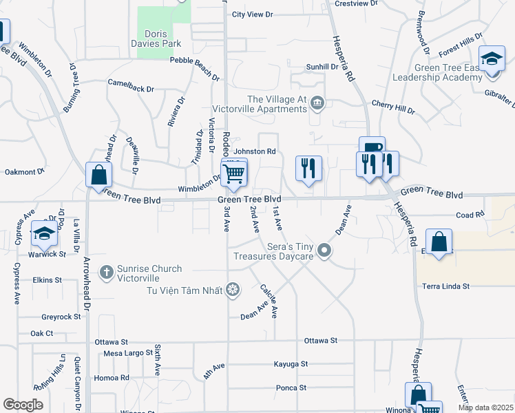 map of restaurants, bars, coffee shops, grocery stores, and more near 16612 Green Tree Boulevard in Victorville