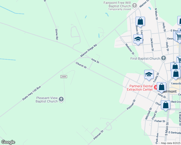 map of restaurants, bars, coffee shops, grocery stores, and more near 907 Church Street in Fairmont