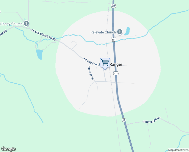 map of restaurants, bars, coffee shops, grocery stores, and more near 7884 Red Bud Road Northeast in Ranger