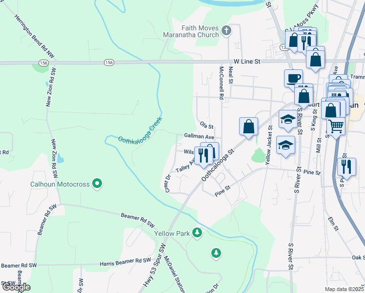 map of restaurants, bars, coffee shops, grocery stores, and more near 215 Wilson Street in Calhoun