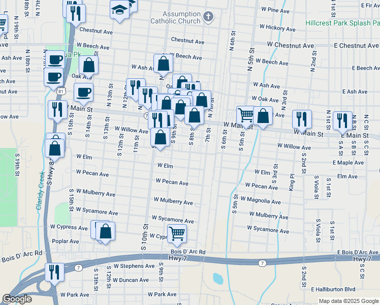 map of restaurants, bars, coffee shops, grocery stores, and more near 801 Maple Avenue in Duncan