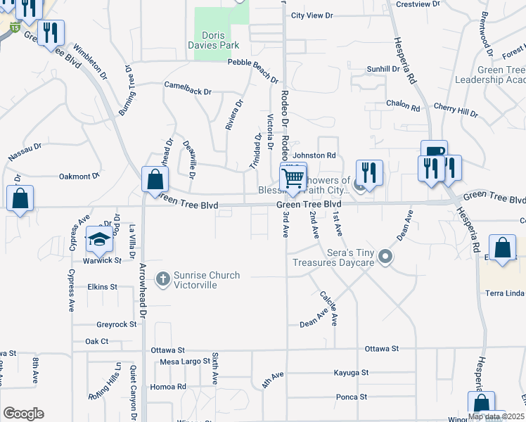 map of restaurants, bars, coffee shops, grocery stores, and more near 16465 Green Tree Boulevard in Victorville
