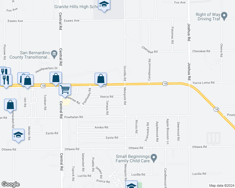 map of restaurants, bars, coffee shops, grocery stores, and more near 22854 Itasca Road in Apple Valley