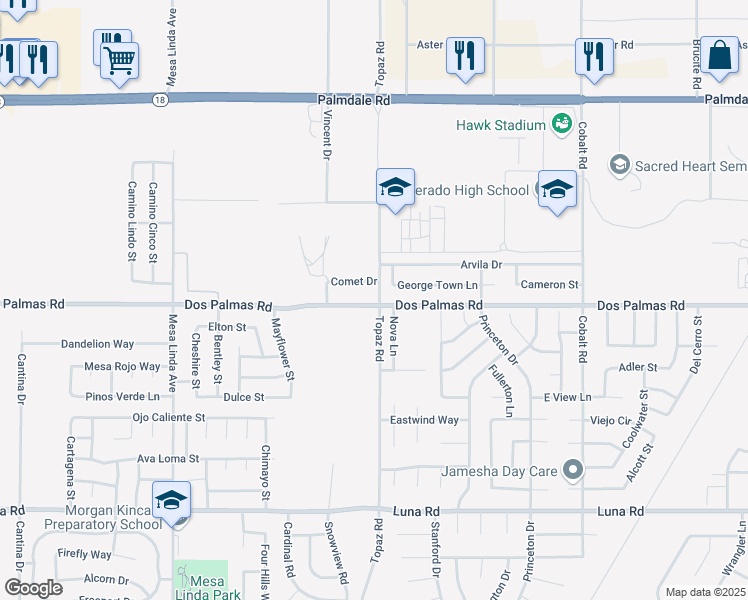map of restaurants, bars, coffee shops, grocery stores, and more near 12892 Dos Palmas Road in Victorville