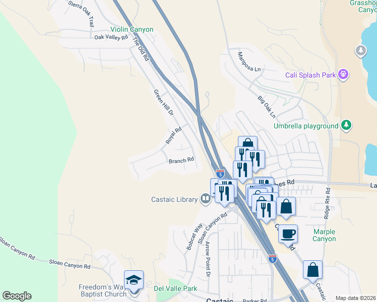 map of restaurants, bars, coffee shops, grocery stores, and more near 28110 Windy Way in Castaic