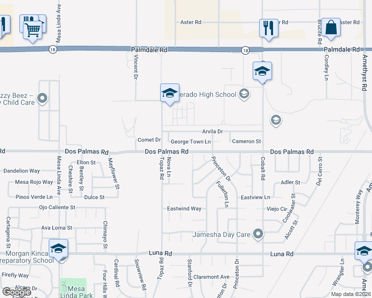 map of restaurants, bars, coffee shops, grocery stores, and more near 12946 Dos Palmas Road in Victorville