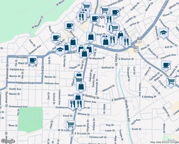 map of restaurants, bars, coffee shops, grocery stores, and more near 333 Sanford Street in Hot Springs