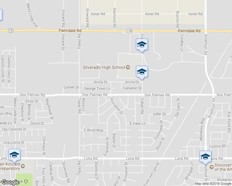 map of restaurants, bars, coffee shops, grocery stores, and more near 13134 Dos Palmas Road in Victorville