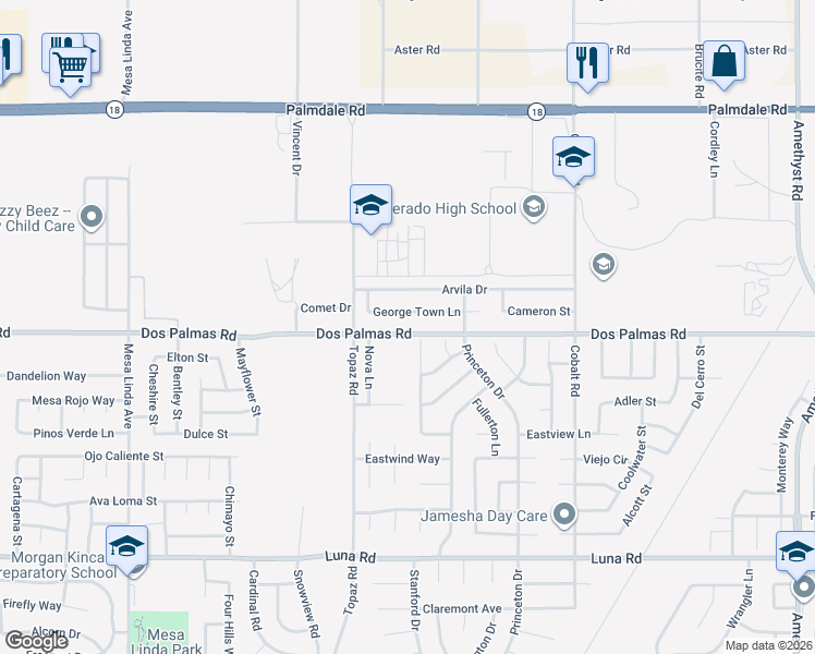 map of restaurants, bars, coffee shops, grocery stores, and more near 12946 Dos Palmas Road in Victorville