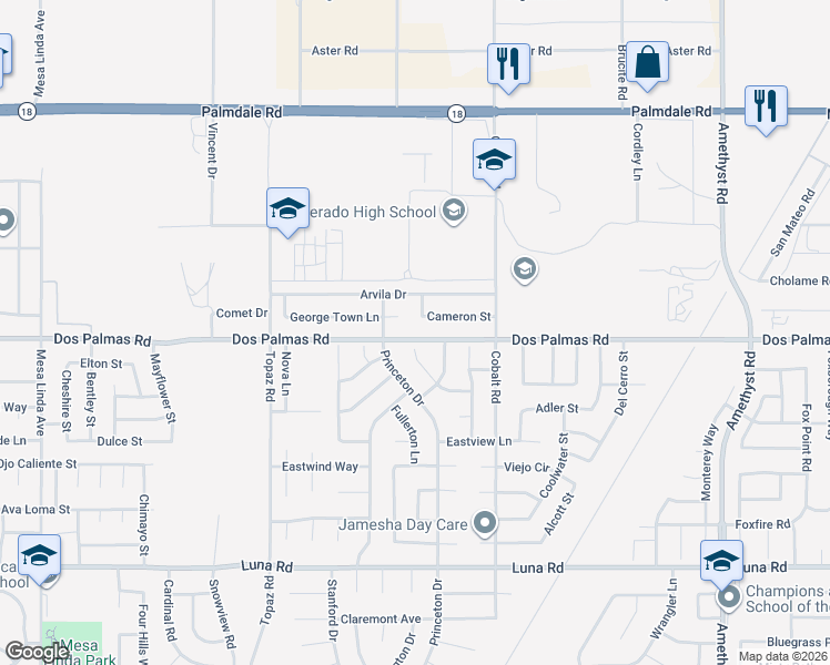 map of restaurants, bars, coffee shops, grocery stores, and more near 13150 Dos Palmas Road in Victorville